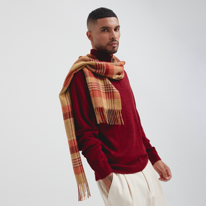 Man wearing a red sweater and plaid scarf on a white background