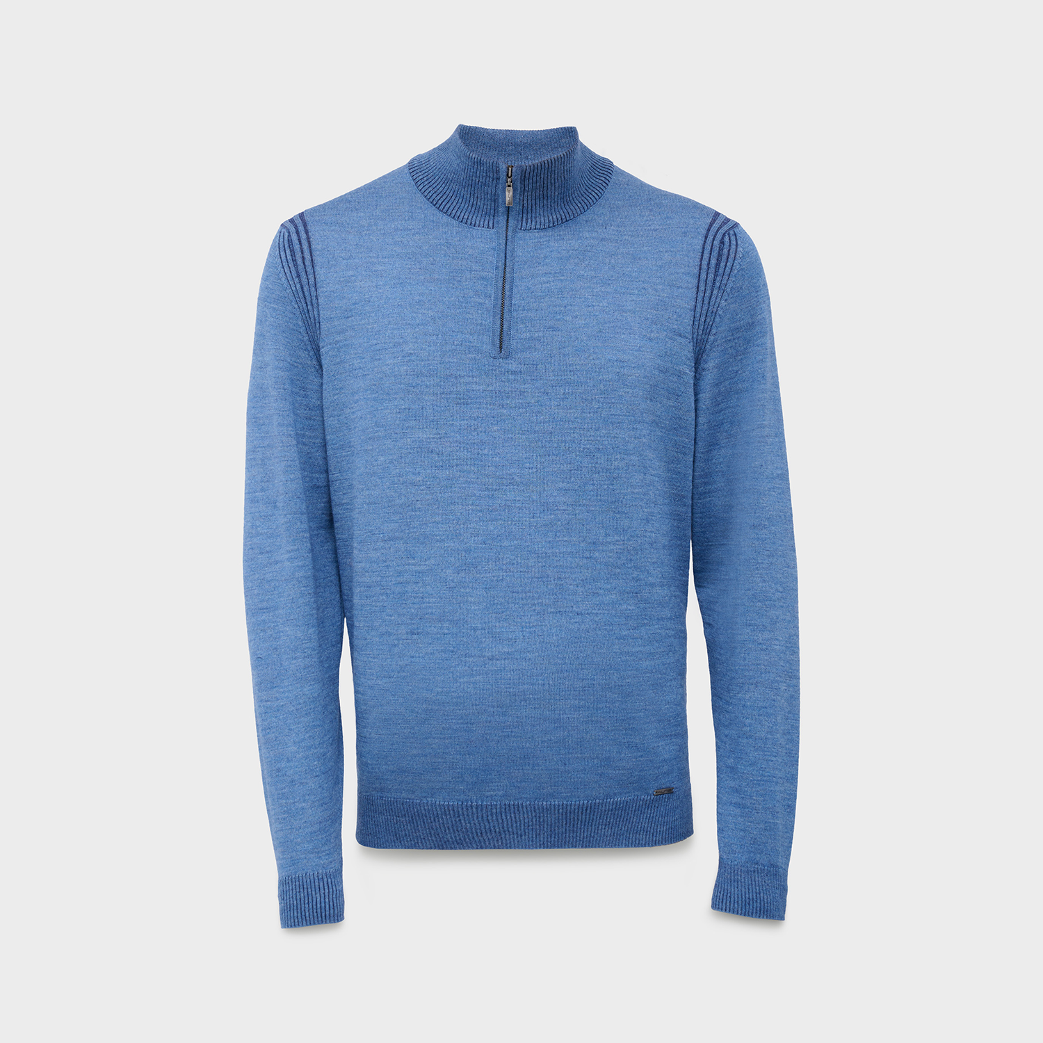 Blue sweater with a quarter zip on a light gray background