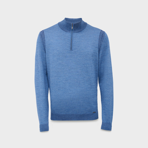 Blue sweater with a quarter zip on a light gray background