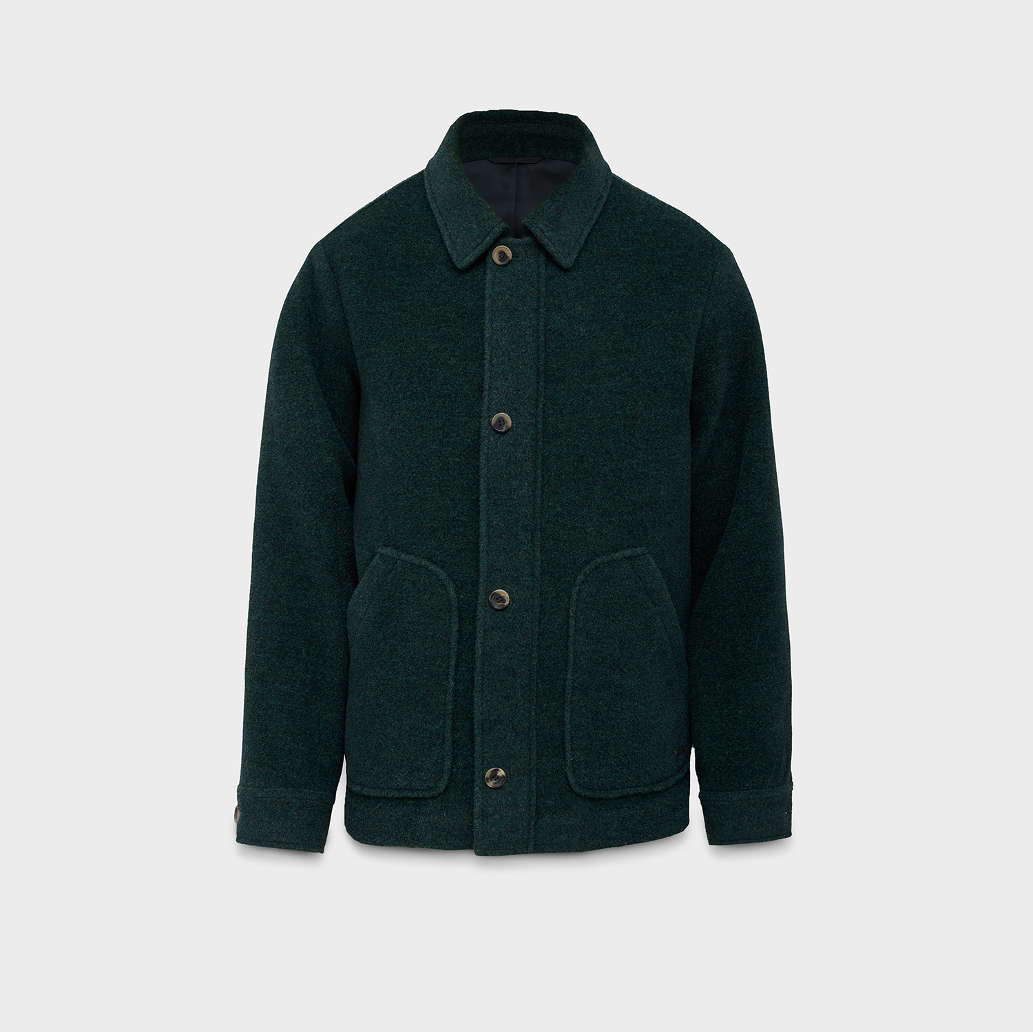 Dark green jacket with button details on a light gray background