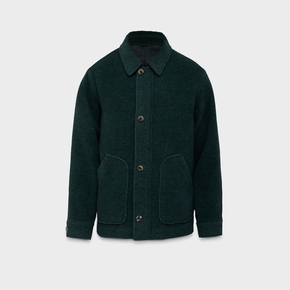 Dark green jacket with button details on a light gray background