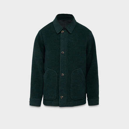 Dark green jacket with button details on a light gray background