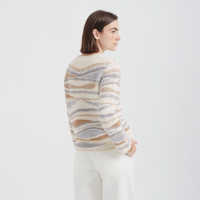 Woman wearing a patterned sweater on a white background