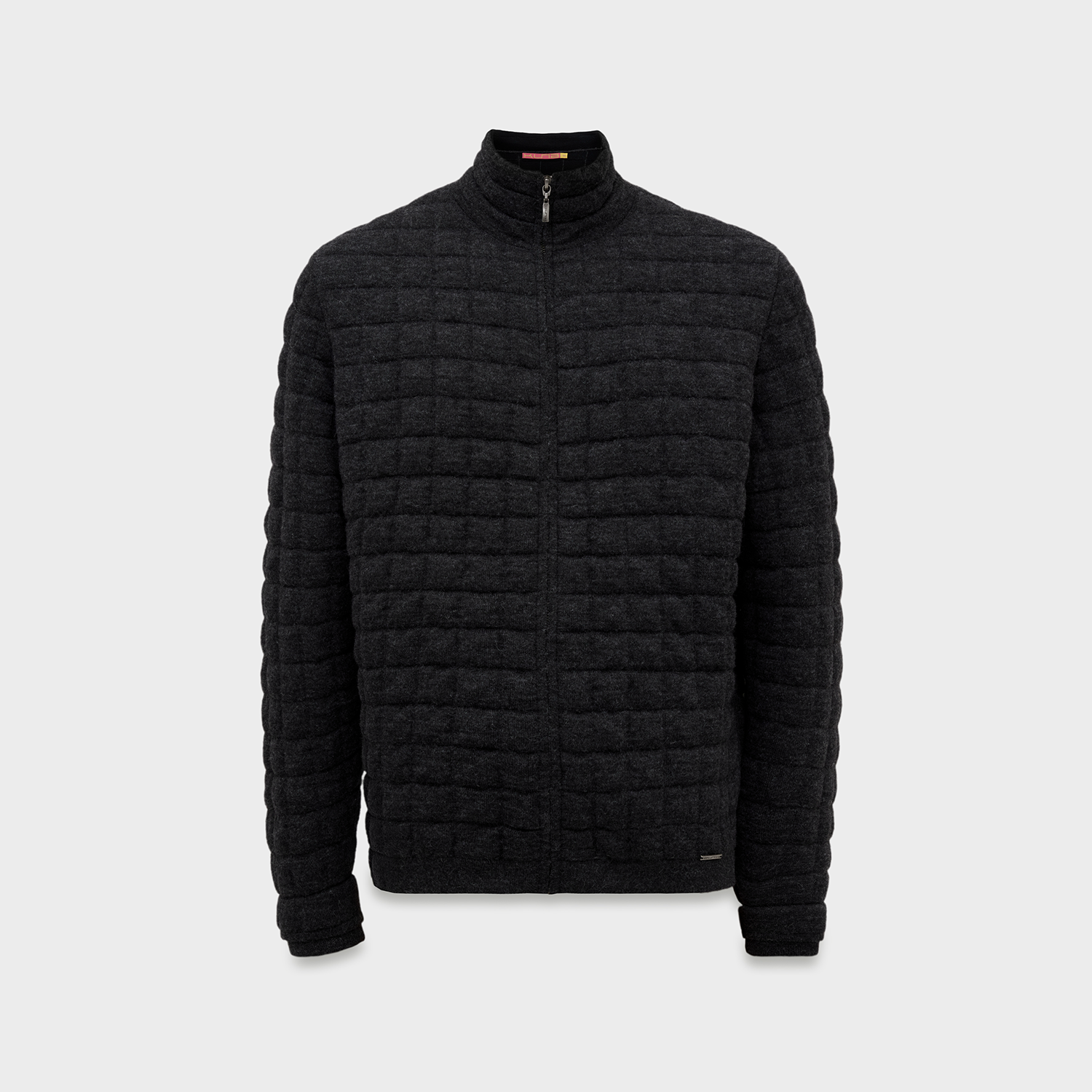 Charcoal quilted jacket on a light gray background