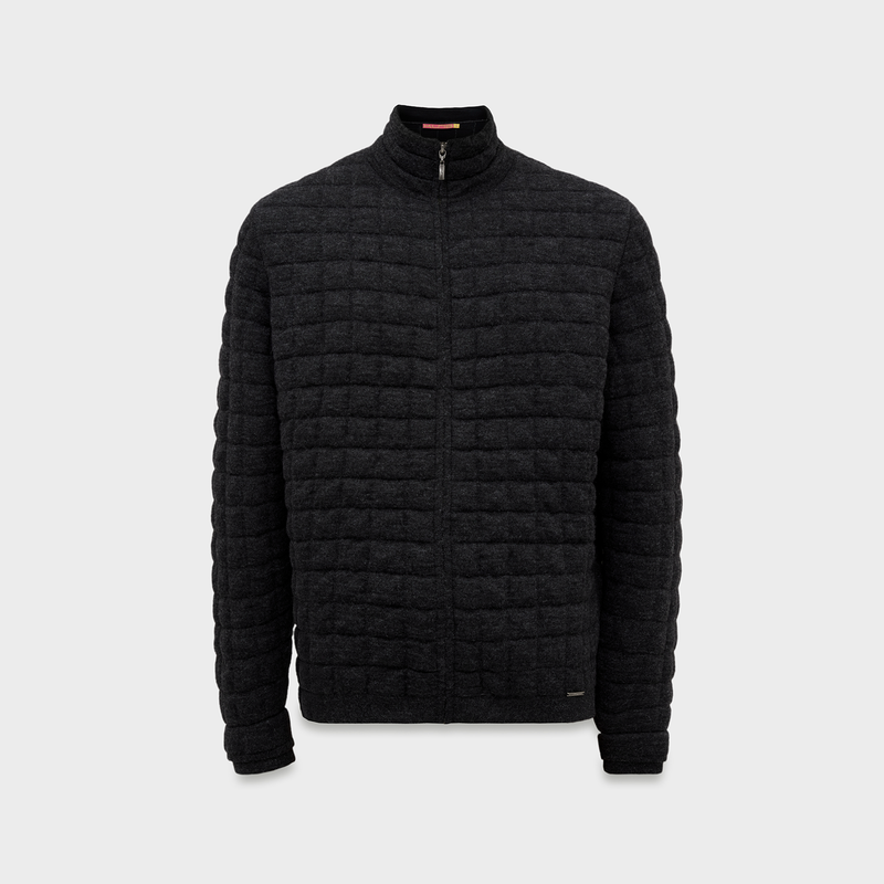 Charcoal quilted jacket on a light gray background