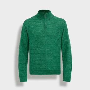 Green sweater with a quarter zip on a light gray background
