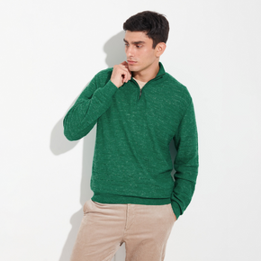 Man wearing a green sweater against a white background