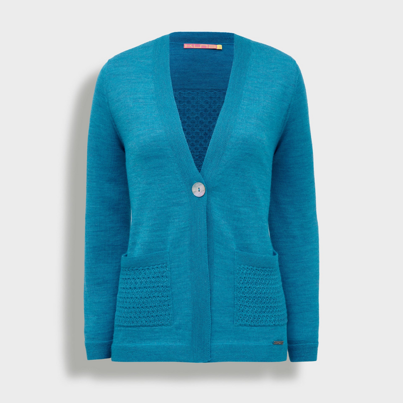 Blue cardigan with textured pockets on a light gray background