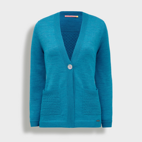 Blue cardigan with textured pockets on a light gray background