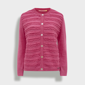 Pink textured cardigan on a light gray background