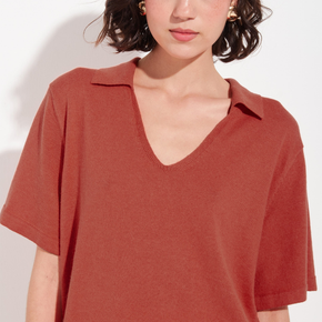 Person wearing a rust-colored polo shirt against a white background