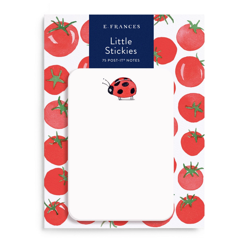 Pack of post-it notes with tomato design and ladybug on a white background