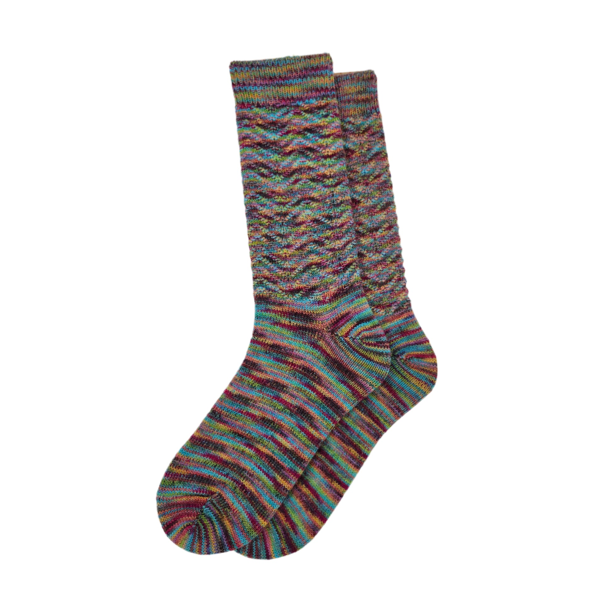 A pair of handpainted socks with a chevron pattern, featuring turquoise and multicolored bands.