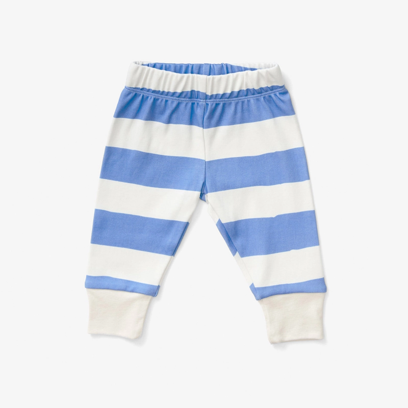 Blue and white striped baby pants on a light gray background
