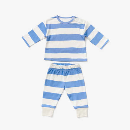 Blue and white striped baby set on a white background