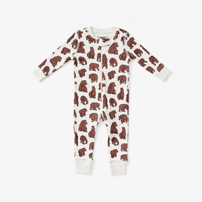 Baby onesie with brown bear pattern on a white background