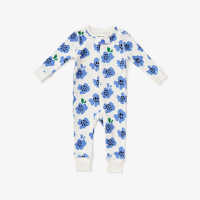Baby onesie with blue floral pattern on a white background