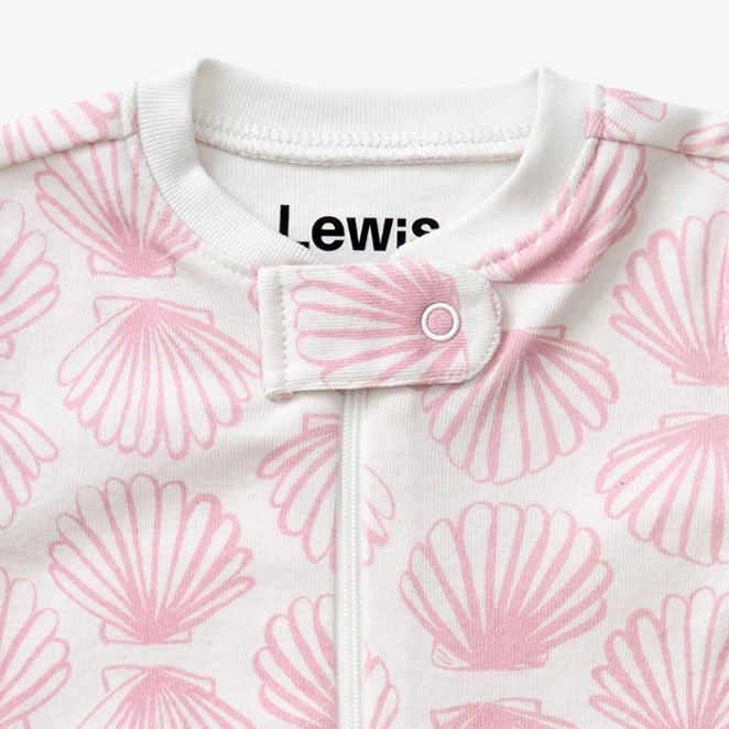 Baby onesie with pink shell pattern and 'Lewis' branding on a white background