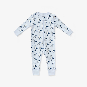 Baby onesie with seagull pattern on a white background