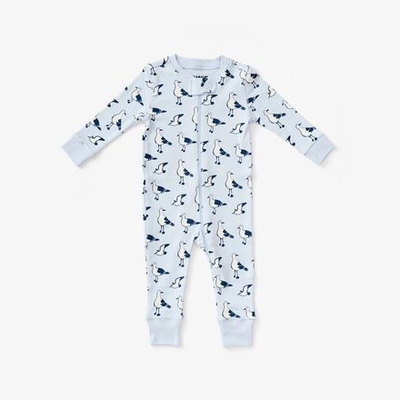 Baby onesie with seagull pattern on a white background