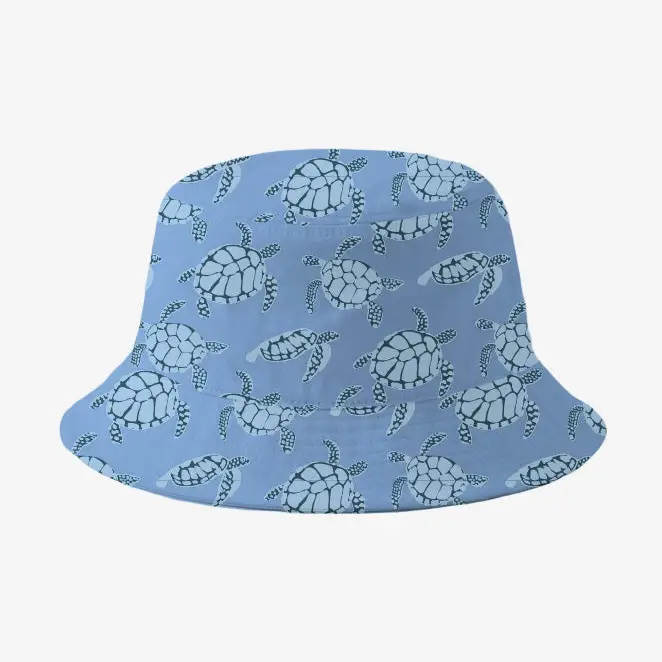 Blue bucket hat with turtle pattern on a white background