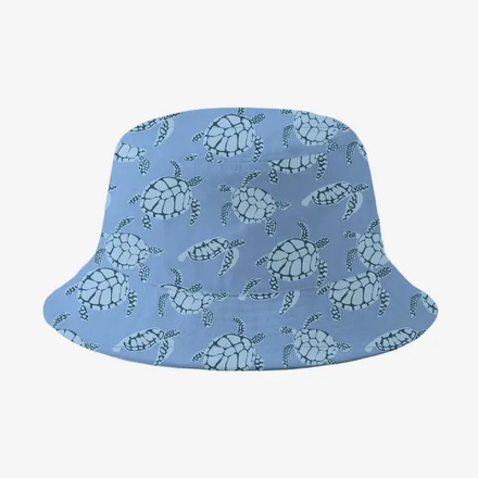 Blue bucket hat with turtle pattern on a white background