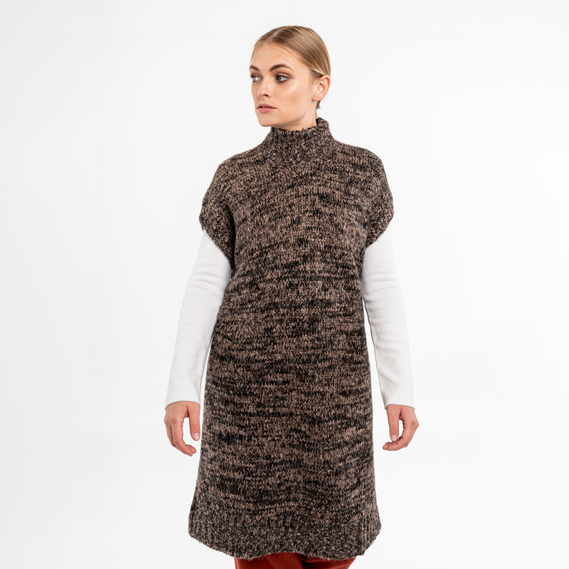 Front view of anthracite alpaca poncho with cozy turtleneck, showing elegant drape.