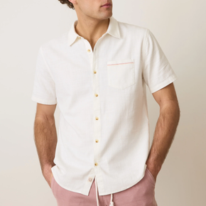 Man wearing white collared shirt and pink shorts on a neutral background
