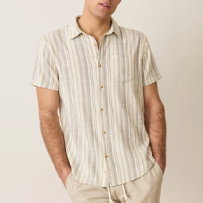 Man wearing a striped collared shirt on a neutral background