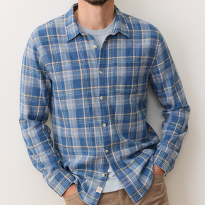 Man wearing a blue plaid shirt against a white background