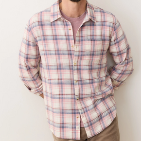 Man wearing a plaid shirt against a white background