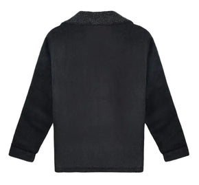 Dark gray jacket with a textured collar on a light beige background