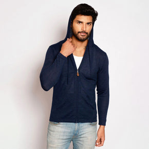 Front view of men's lightweight alpaca hoodie in navy, made from soft baby alpaca wool - zipped