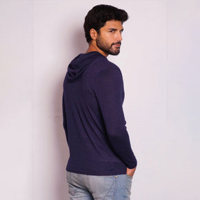 Back view of navy alpaca hoodie, showcasing lightweight fabric and sleek design.