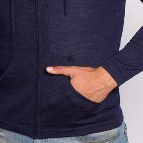 Close-up of men's navy alpaca hoodie, showing fine baby alpaca texture.