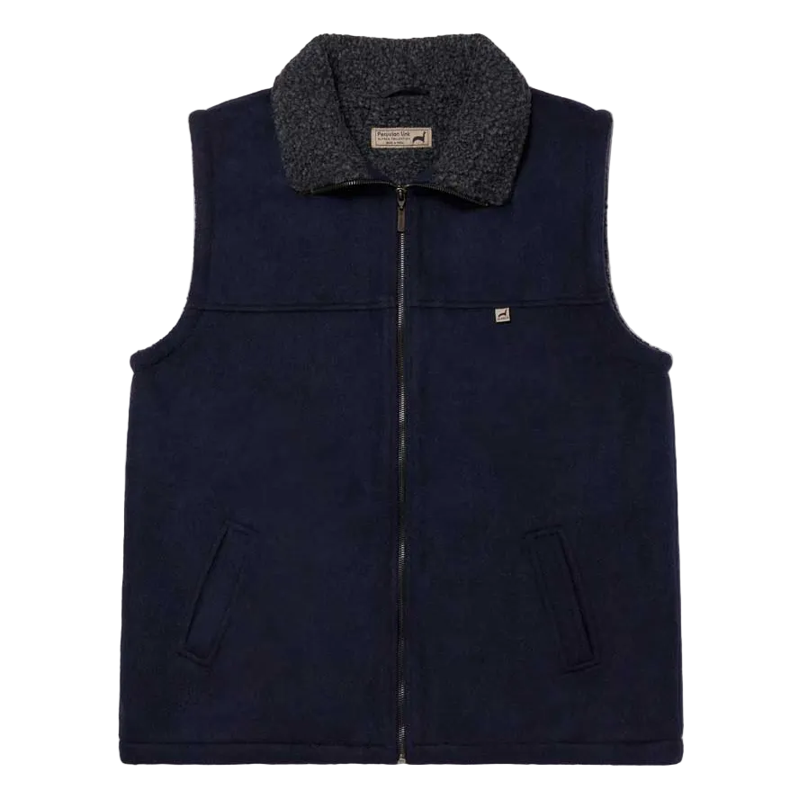 Navy blue vest with a textured collar on a light gray background