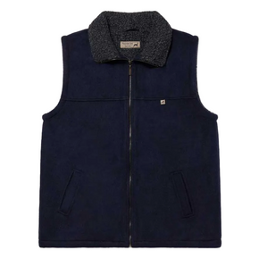 Navy blue vest with a textured collar on a light gray background