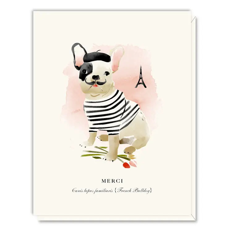 'Merci Frenchie' Card - A french bulldog in a beret and striped shirt with the Eiffel Tower in the background
