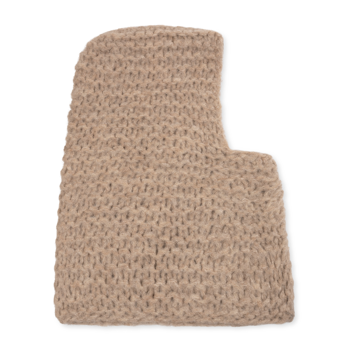 Chunky knit beige balaclava on a neutral bakcground.