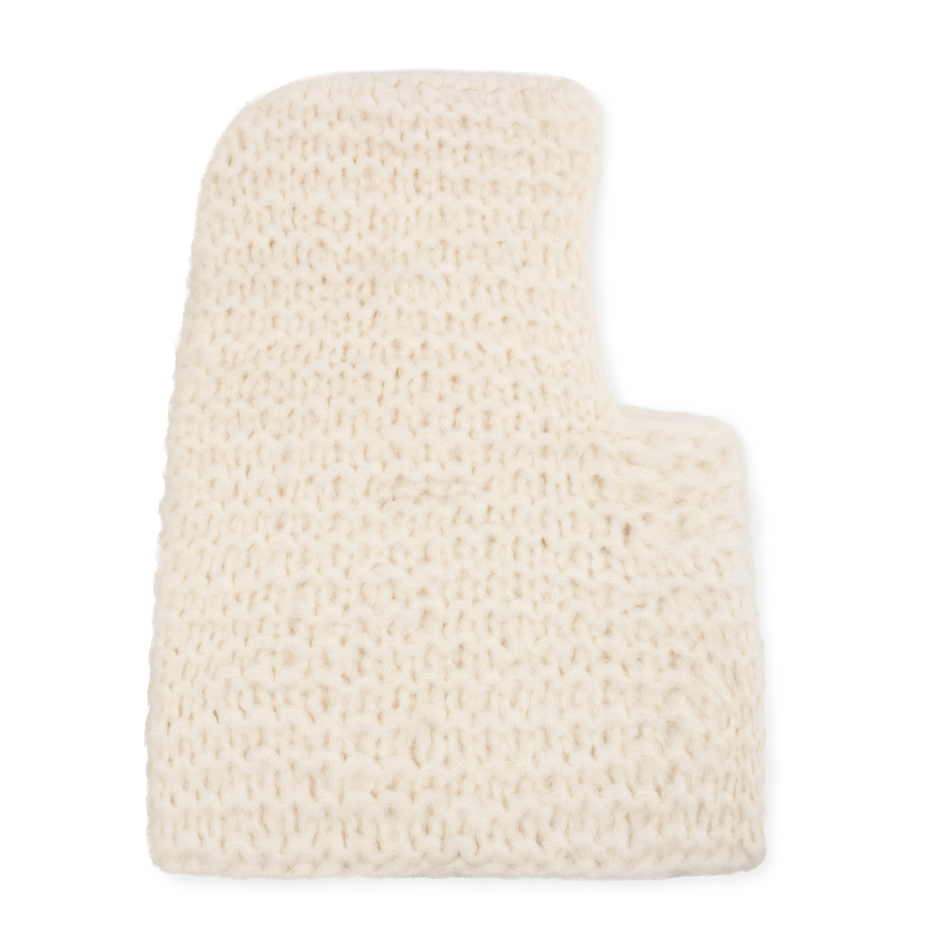 Chunky knit white balaclava on a neutral background.
