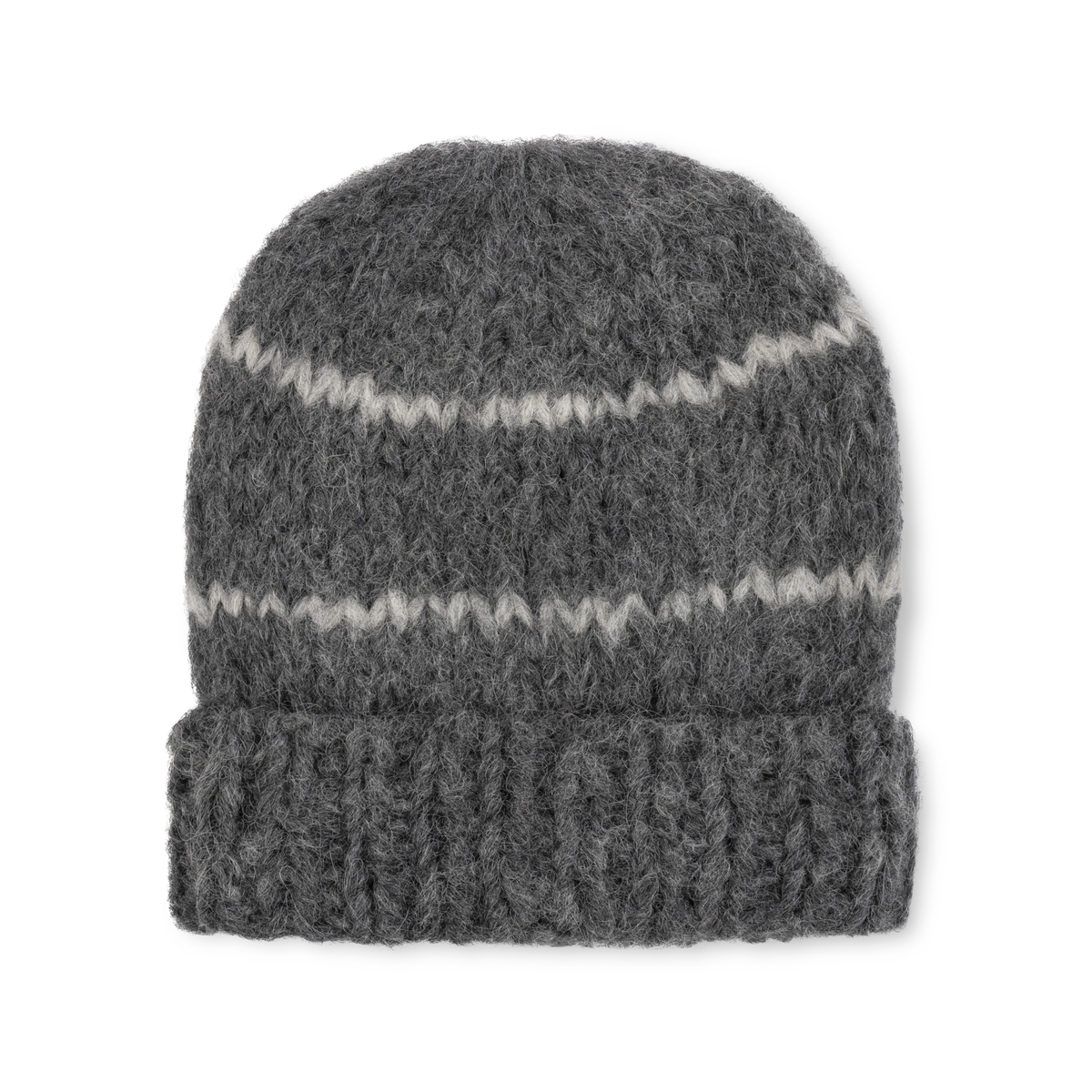 A dark grey knit alpaca beanie with light grey stripes and a ribbed cuff on a neutral background.