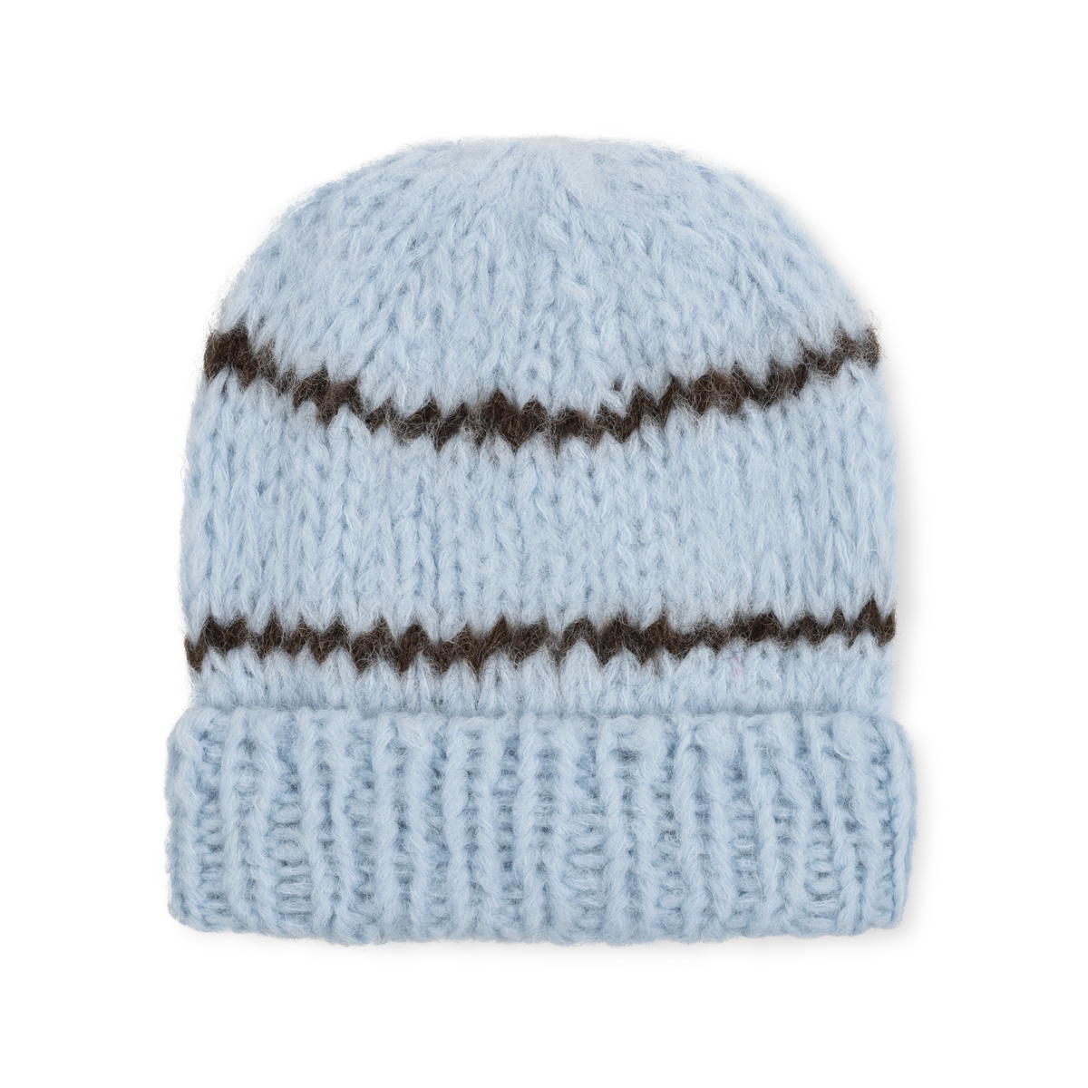 A light blue knit alpaca beanie with brown stripes and a ribbed cuff on a neutral background.