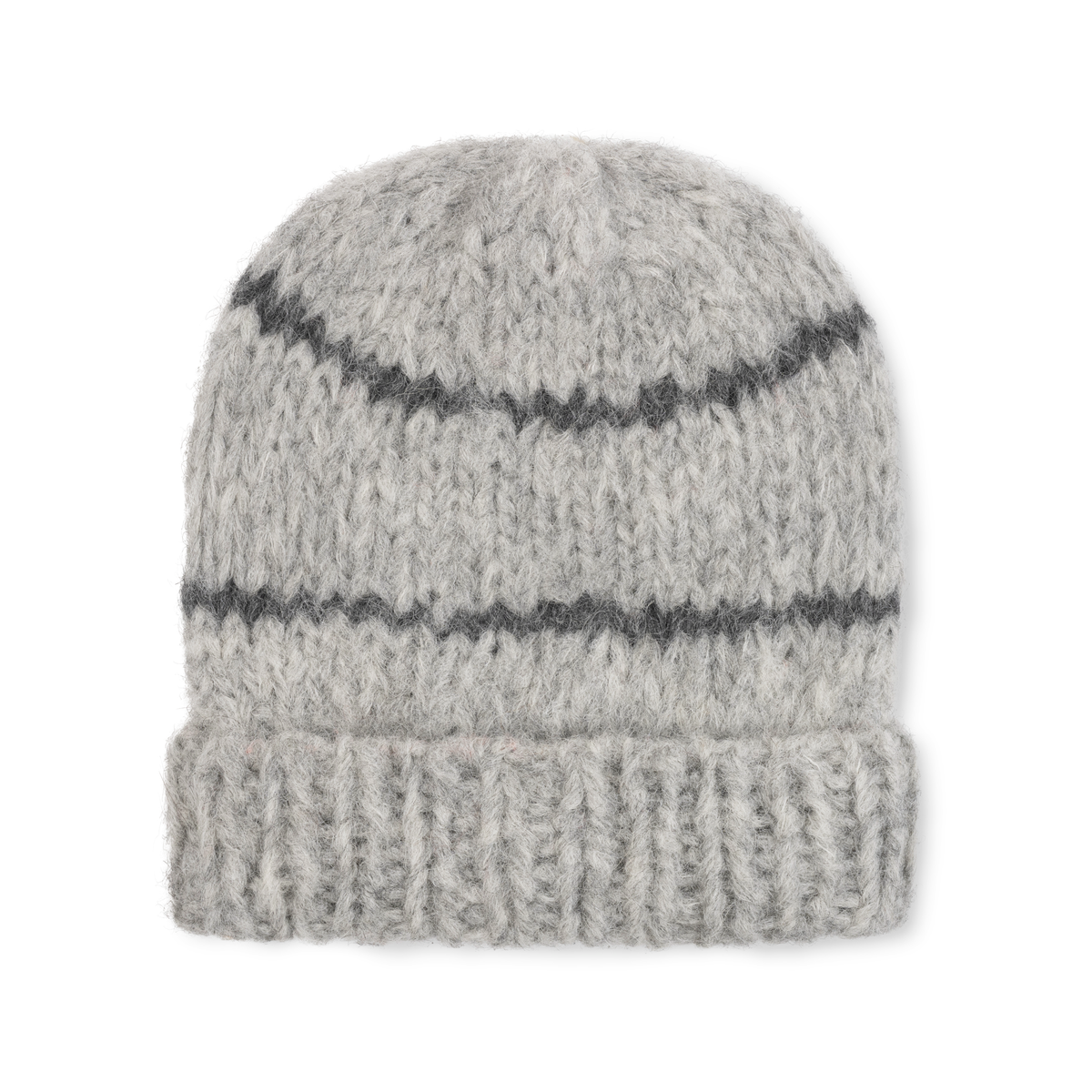 A light grey knit alpaca beanie with dark grey stripes and a ribbed cuff on a neutral background.