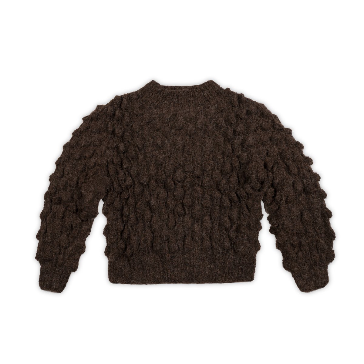 Brown textured knit sweater on a neutral background.