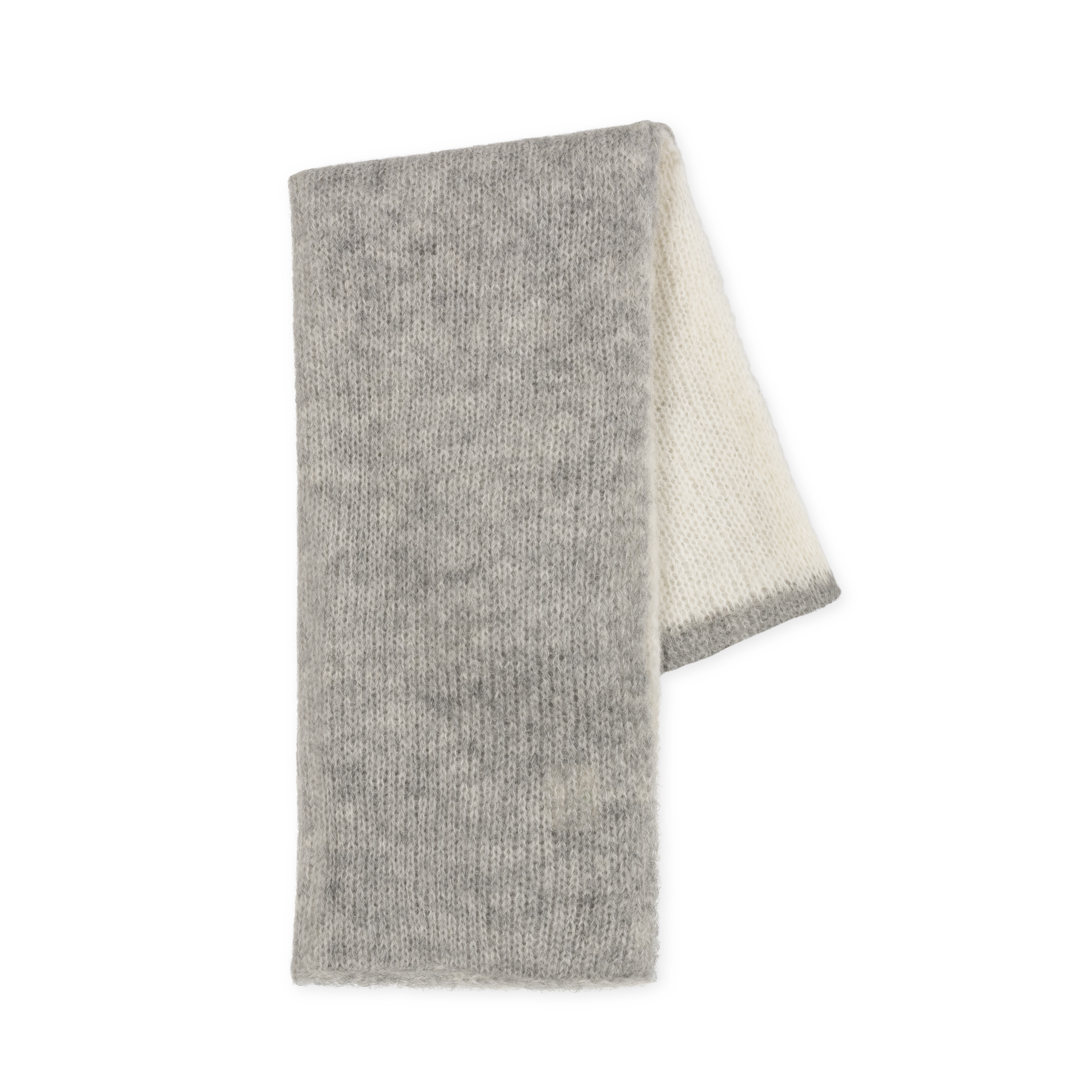 A two-toned knit shawl in light grey and white on a neutral background.