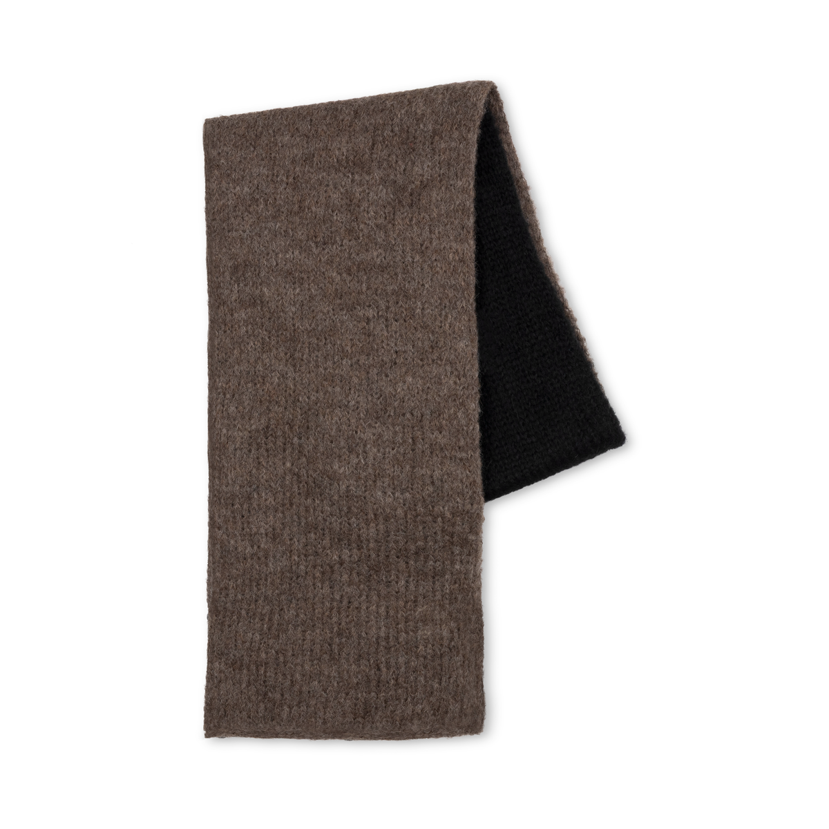 A two-toned knit shawl in taupe and black on a neutral background.
