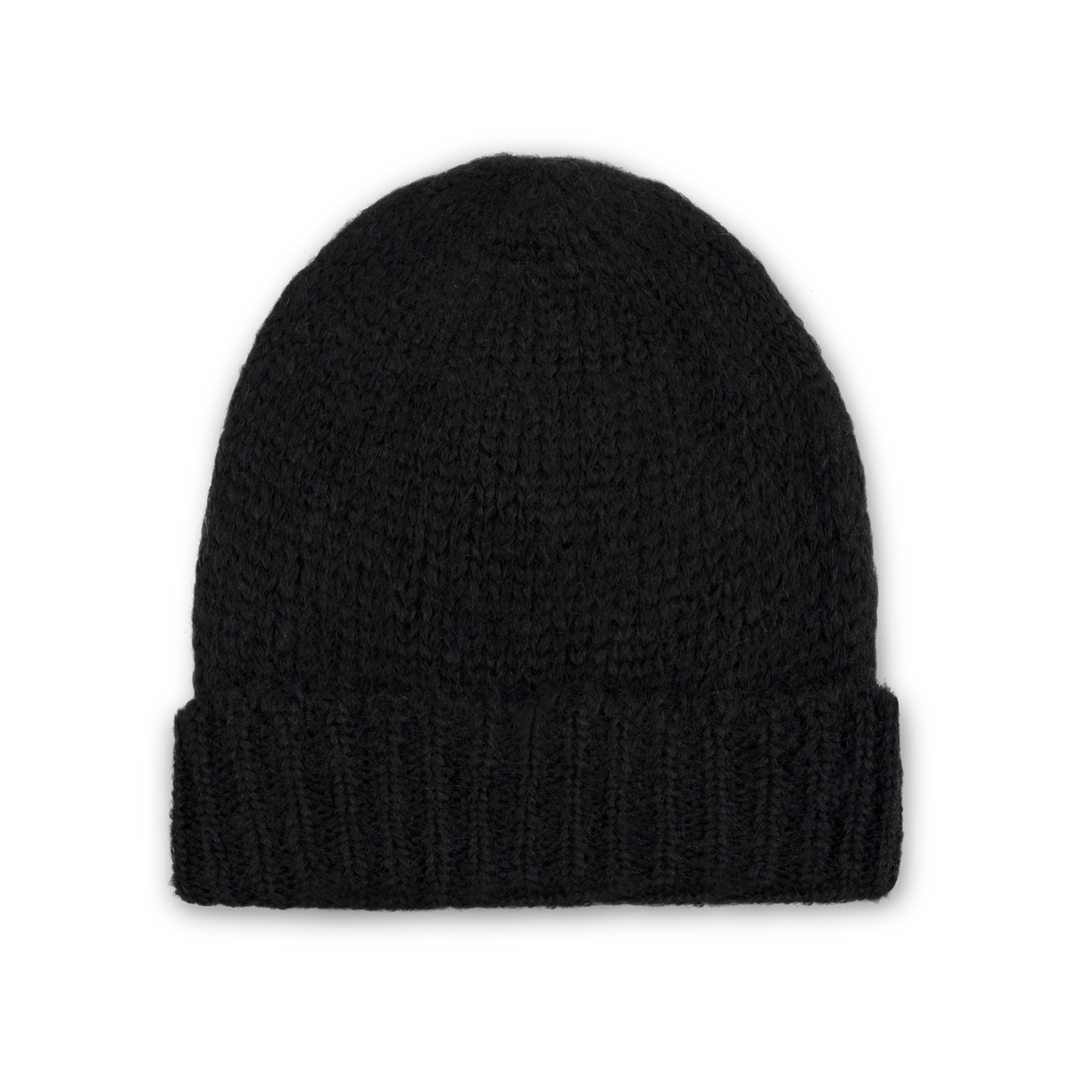 Black knit alpaca beanie with a ribbed cuff on a neutral background.