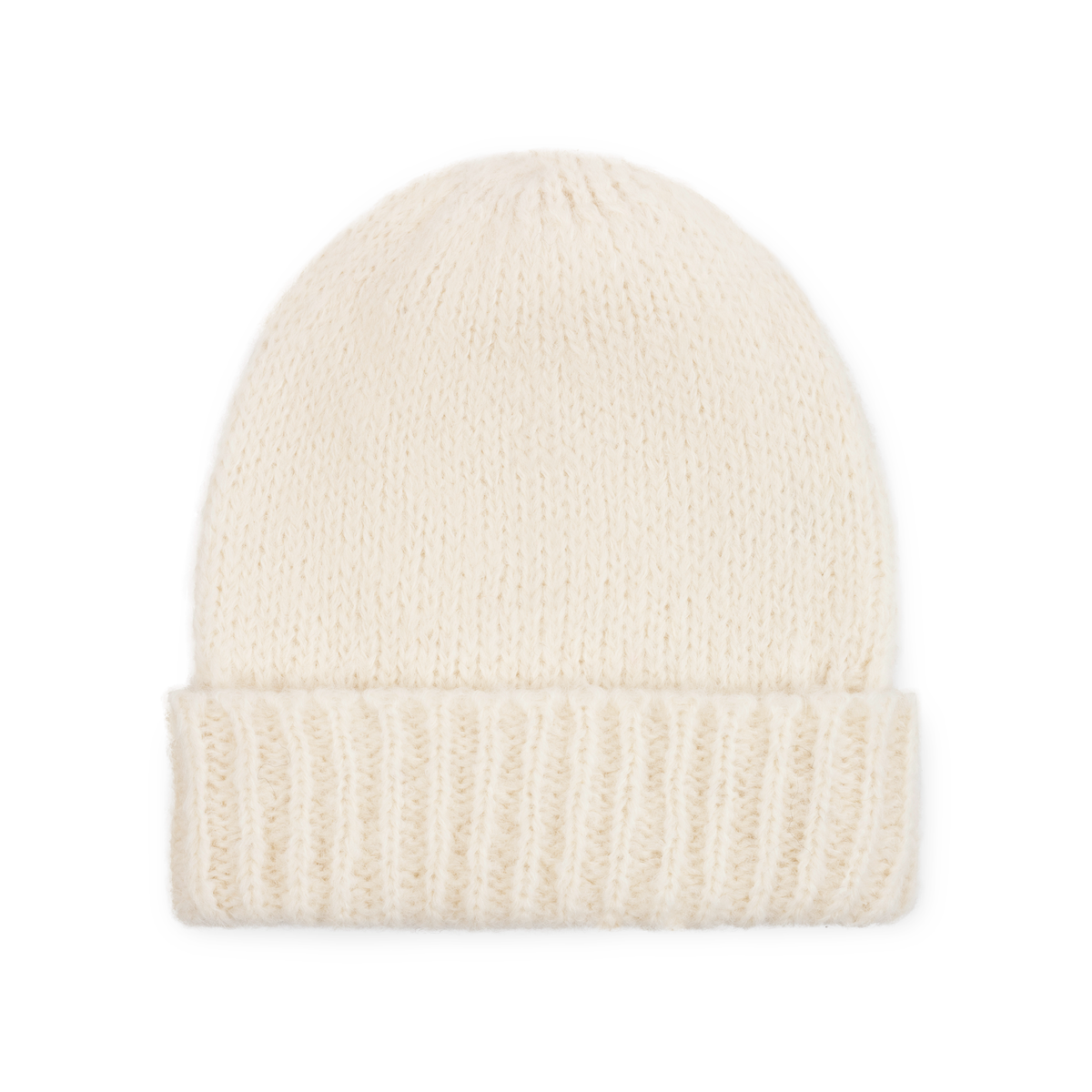 White alpaca knit beanie with a ribbed cuff on a neutral background.