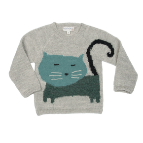 Gray sweater with a cat design on a white background