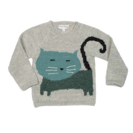 Gray sweater with a cat design on a white background